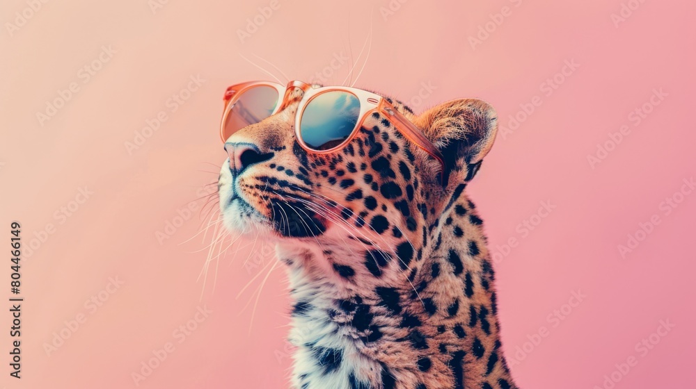 Fototapeta premium A fancy leopard wearing glasses on pink background. Animal wearing sunglasses