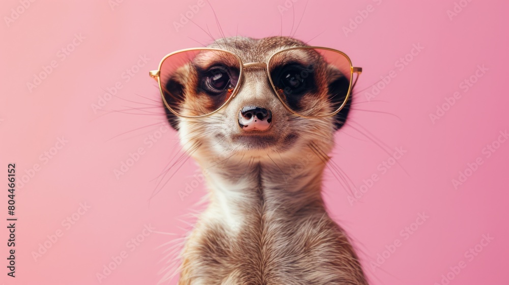 Fototapeta premium A fancy meerkat wearing glasses on pink background. Animal wearing sunglasses