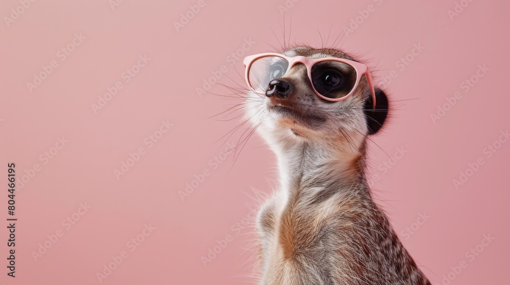 A fancy meerkat wearing glasses on pink background. Animal wearing sunglasses A fancy meerkat wearing glasses on pink background. Animal wearing sunglasses