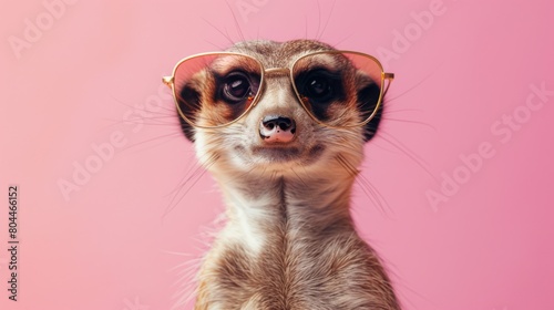  A fancy meerkat wearing glasses on pink background. Animal wearing sunglasses