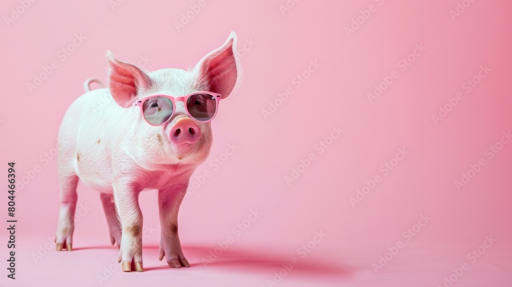 Fototapeta premium A fancy pig wearing glasses on pink background. Animal wearing sunglasses