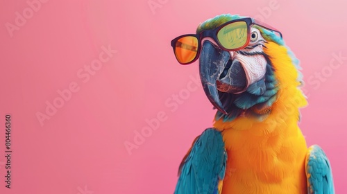  A fancy parrot wearing glasses on pink background. Animal wearing sunglasses