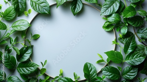 An image of a round circle frame with green leaves and branches on a white background  flat laid.