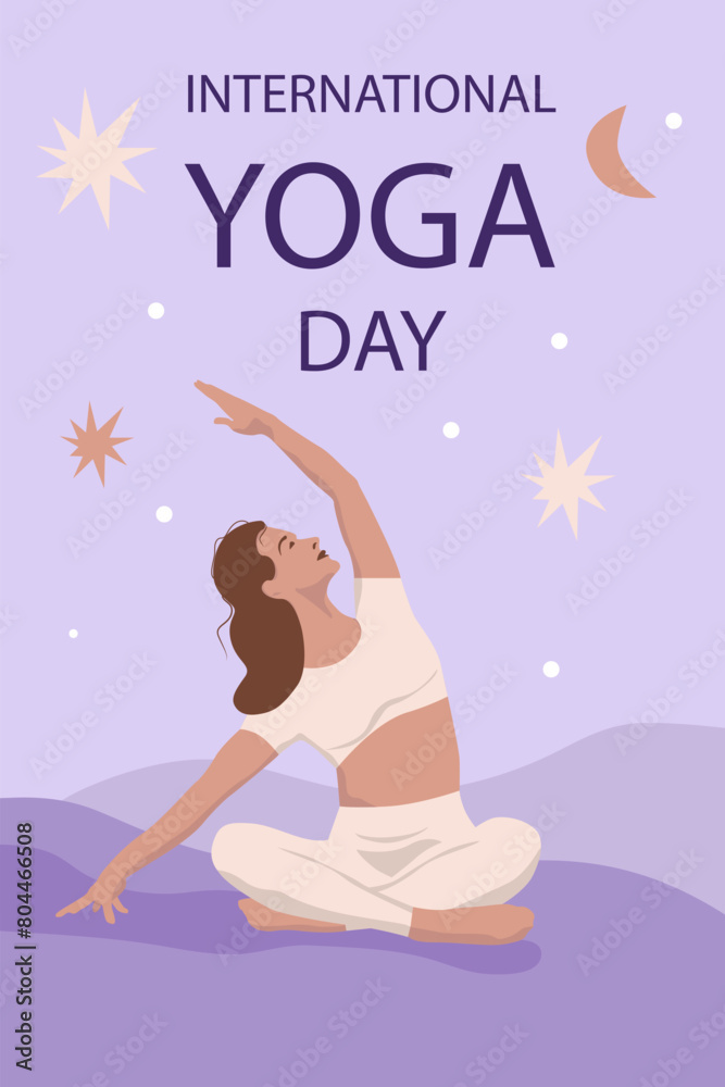International Yoga Day. Woman does an asana. Background for  International Yoga Day. Banner, poster, greeting card,web