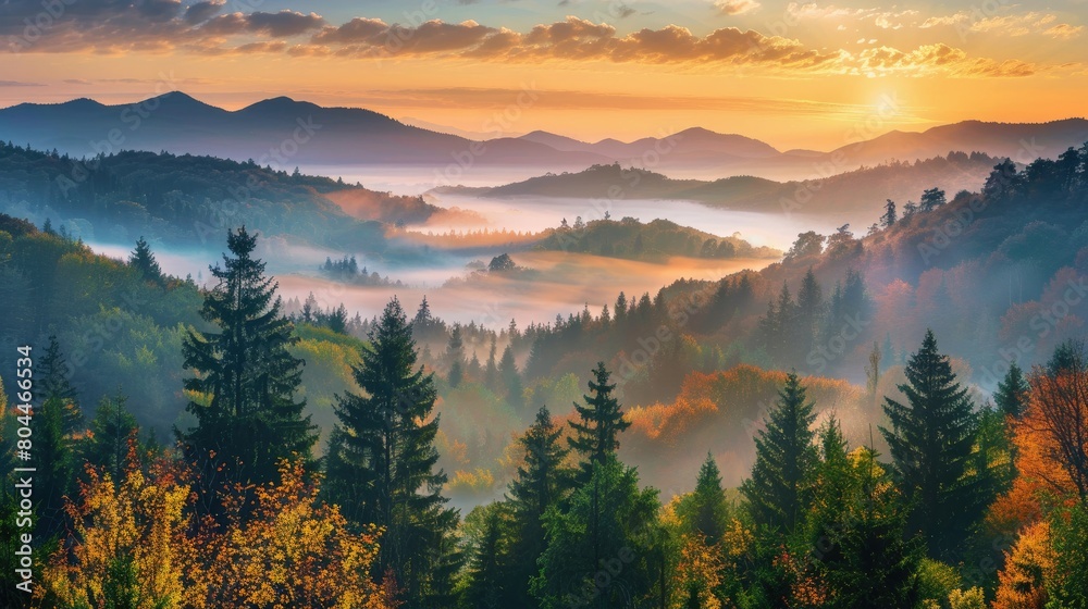 Majestic Foggy Mountains: A Stunning Forest Landscape with Nature's Beauty and a Dramatic Sky