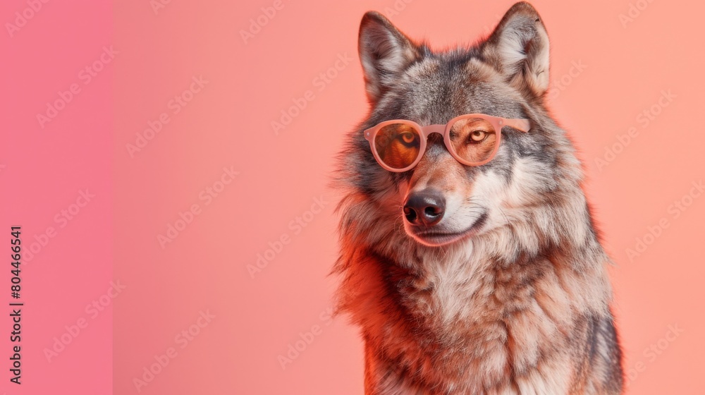 Fototapeta premium A fancy wolf wearing glasses on pink background. Animal wearing sunglasses