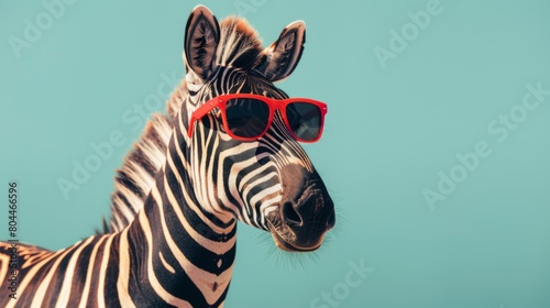  A fancy zebra wearing glasses on blue background. Animal wearing sunglasses © Vladimir