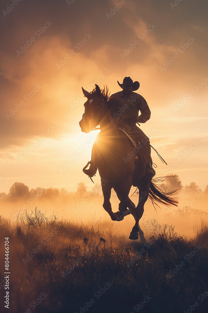 A cowboy and horse silhouette in a daring jump, framed by the soft light of sunrise A cowboy and horse silhouette in a daring jump, framed by the soft light of sunrise