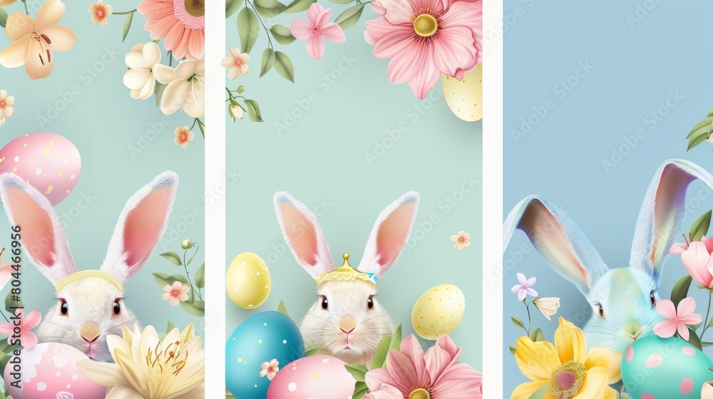 Greeting card design template for Easter Holiday with bunny and eggs.