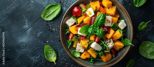 A bowl filled with organic salad, complete with mango and mozzarella, sits atop a wooden table. The vibrant colors of the vegetables and fruits create a visually appealing display.