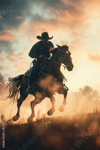 A cowboy and horse silhouette in a daring jump  framed by the soft light of sunrise