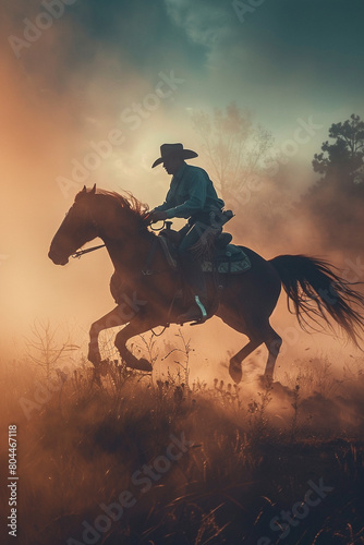 A cowboy and horse silhouette in a daring jump, framed by the soft light of sunrise