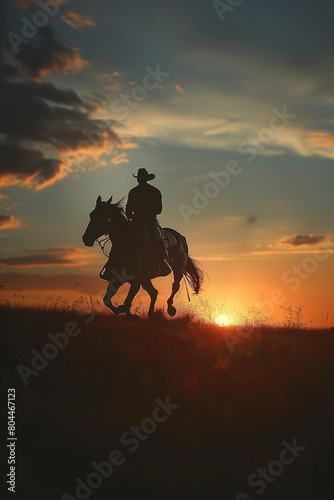 A cowboy and horse silhouette in a daring jump, framed by the soft light of sunrise