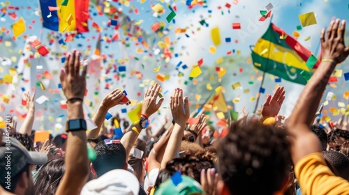 A large crowd of people waving flags and throwing confetti in celebration.