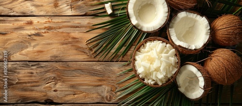 Coconuts and Coconut Oil on a Wooden Table