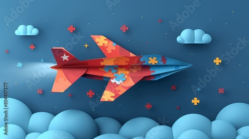 The origami paper plane on blue background with the autism awareness puzzle ribbon is a great way to bring awareness on Autism Awareness Day or Month. photo