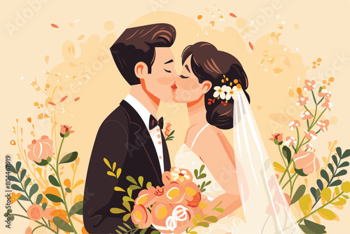 Couple Kissing , Loving couple kissing for their love, Valentine’s day, Bride and bridegroom kiss at wedding, Vector illustration