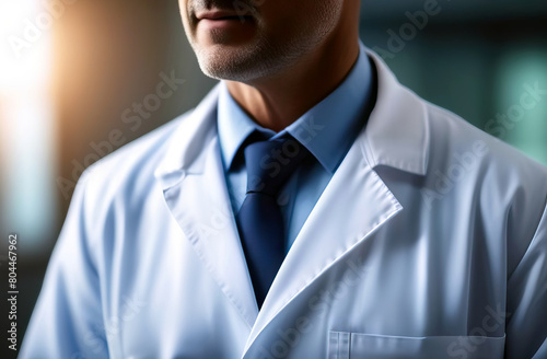 dark-skinned doctor without a face in a white patch and a shirt with a tie, close-up with copy space, without face