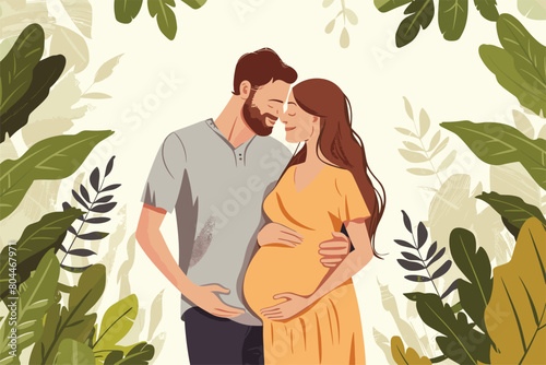 Pregnant woman with hands on her belly, Beautiful pregnant woman, Happy pregnant couple hugging gently, Pregnant woman, Vector illustration