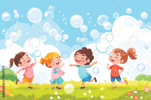 Kids jumping happily in the sun on green grass, Children playing in the meadow, Happy children of boys and girls run in the Park on the grass on a Sunny summer day, Vector illustration