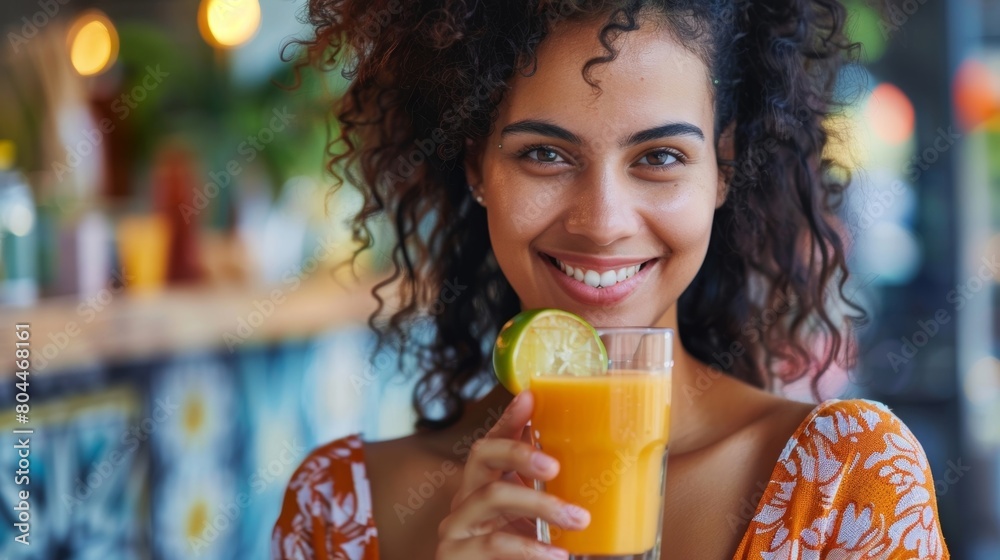 A woman smiling as she holds a coldpressed juice in hand grateful for the natural energy it provides while also improving her overall health and wellbeing. A woman smiling as she holds a coldpressed juice in hand grateful for the natural energy it provides while also improving her overall health and wellbeing.