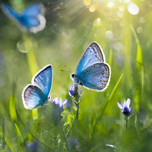 Blue butterflies on green spring meadow with amazing natural lighting © bvbflo1