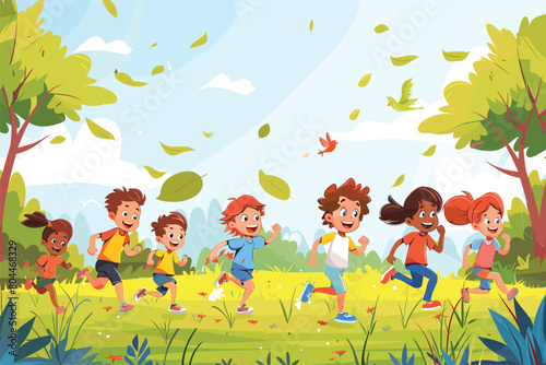 Kids jumping happily in the sun on green grass, Children playing in the meadow, Happy children of boys and girls run in the Park on the grass on a Sunny summer day, Vector illustration