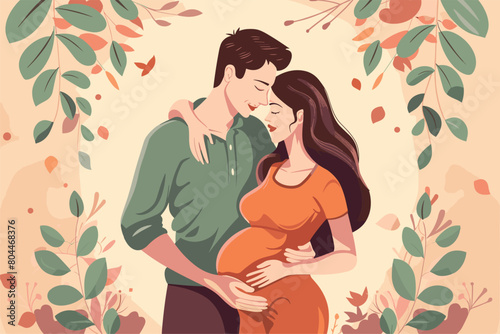 Pregnant woman with hands on her belly, Beautiful pregnant woman, Happy pregnant couple hugging gently, Pregnant woman, Vector illustration