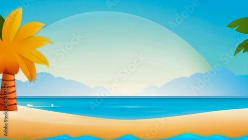 Abstract view of the sandy beach with a palm tree. Tropical resort. Sunrise on the seashore. Vector Illustration.  © Noman