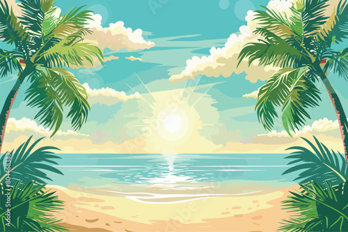 Nature blur green palm leaves on tropical beach, Palm trees and tropical summer beach, Tropical theme with ocean view and palm trees, summer, sun, sea, ocean, Vector illustration