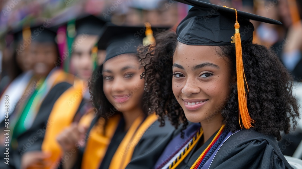 Joyful young black woman in cap and gown laughing, with a crowd of ...