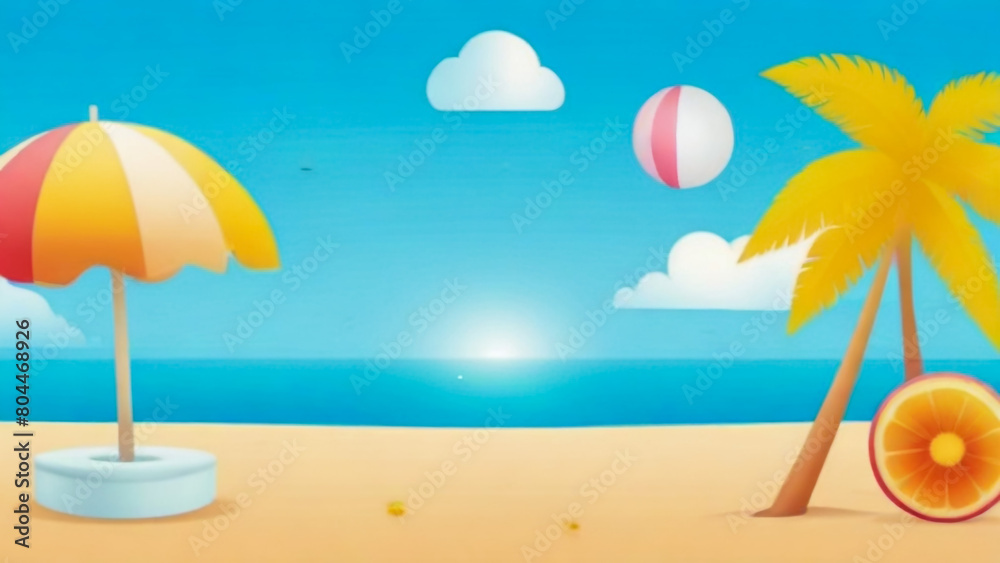 Abstract view of the sandy beach with a palm tree. Tropical resort. Sunrise on the seashore. Vector Illustration.
