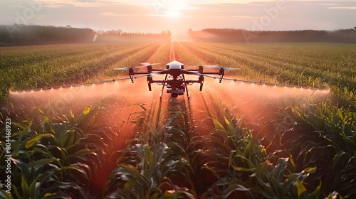 Precision Agriculture Drone Spraying Cornfield During Golden Hour Generative ai photo
