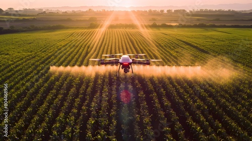 Aerial Agriculture Drone Spraying Corn Field at Golden Hour in High Definition Generative ai