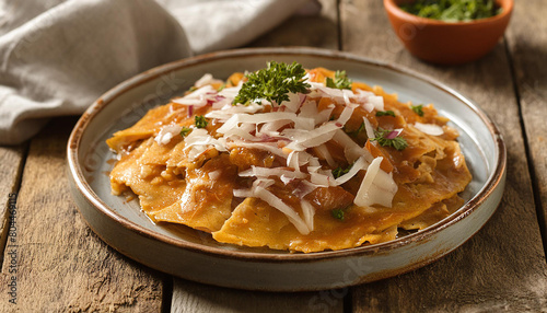 Mexican chilaquiles with salsa over wooden table. Tasty meal. Delicious food for dinner. Culinary concept.