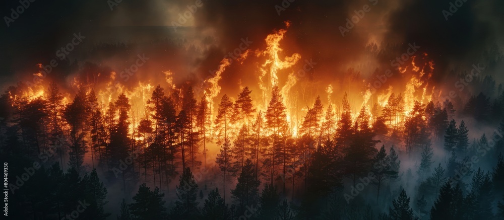 A forest filled with numerous pine trees ablaze, dark smoke billowing into the sky as the fire consumes the vegetation.