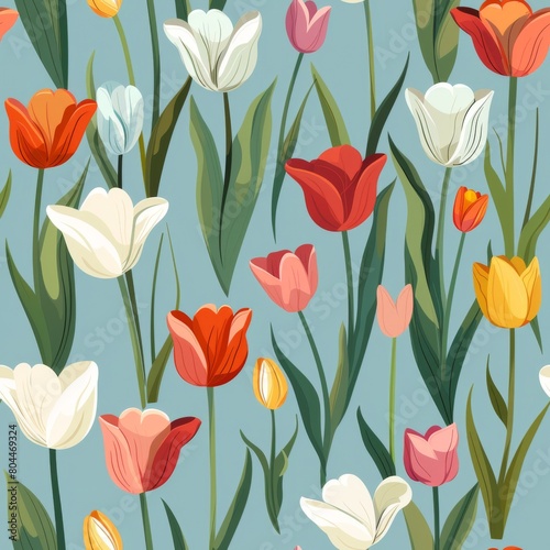 Seamless Tulip Field Design on Pastel Blue Background  