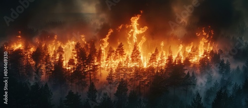 A forest filled with numerous pine trees ablaze, dark smoke billowing into the sky as the fire consumes the vegetation. photo