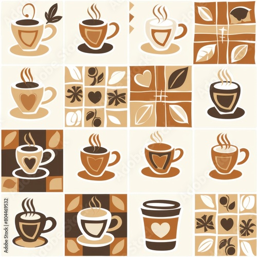 Coffee Shop Theme Seamless Pattern with Latte Art and Brick Tile Design  