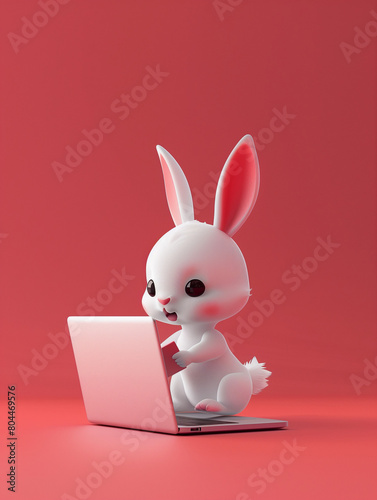 A Cute 3D Rabbit Using a Laptop Computer in a Solid Color Background Room © Nathan Hutchcraft