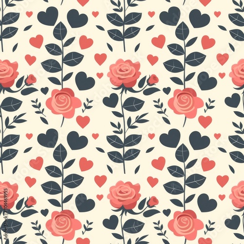 Simple Seamless Mother's Day Themed Pattern with Hearts and Roses
