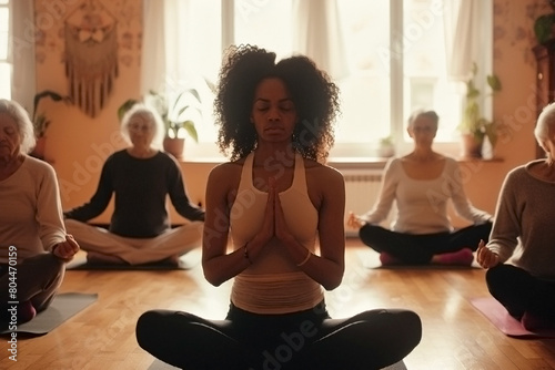 A group of people are sitting in a room and a black woman in the center coach of the meditation class with older women