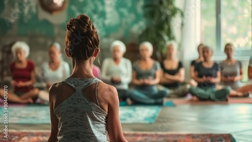 A woman is sitting in a yoga class with elderly ladies