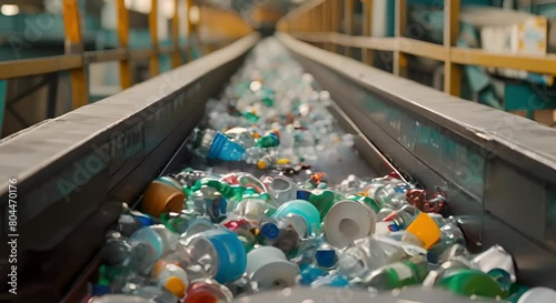 Sorting Mixed Recyclables at Waste Management Facility Using Conveyor Belt. Concept Recycling, Waste Management, Sorting, Conveyor Belt, Sustainability photo