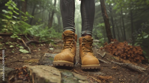 A Hiker's Boots on Forest Trail