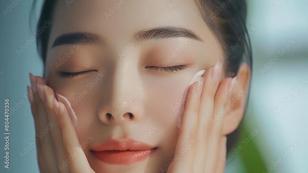 Close-up of the face of a young beautiful girl of Asian appearance applying a cream or scrub to her face. Commercial advertising concept for face cream Close-up of the face of a young beautiful girl of Asian appearance applying a cream or scrub to her face. Commercial advertising concept for face cream