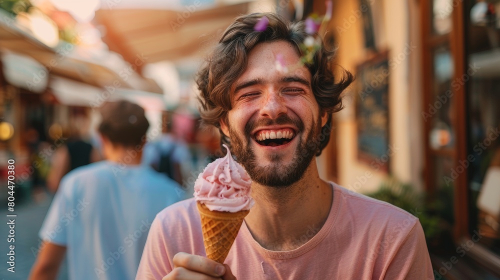Smiling female holding an ice cream in travel street Smiling female holding an ice cream in travel street