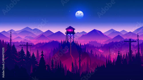 Firewatch tower in the middle of a forest. Simple illustration with flat design  mountains and a moon in the background. 