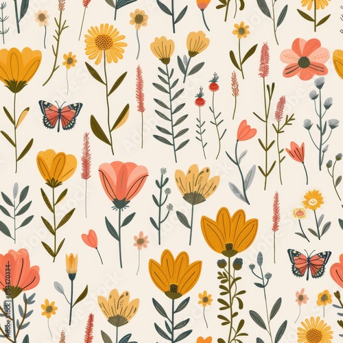 Simple Seamless Mother s Day Pattern with Spring Flowers and Butterflies  