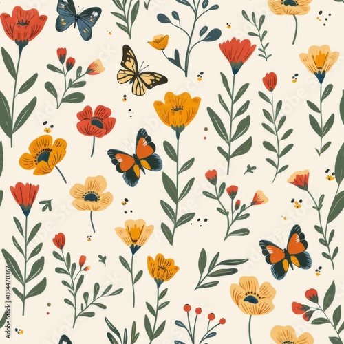 Simple Seamless Mother s Day Pattern with Spring Flowers and Butterflies  